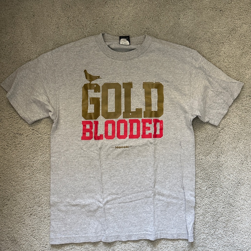 Gray T-Shirt with Gold and Red Print